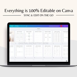 May include: A screenshot of a laptop screen showing a Canva design template for a cleaning planner. The template includes sections for daily, weekly, monthly, seasonal, and speed cleaning. The text "Everything is 100% Editable on Canva" is displayed at the top of the screen.