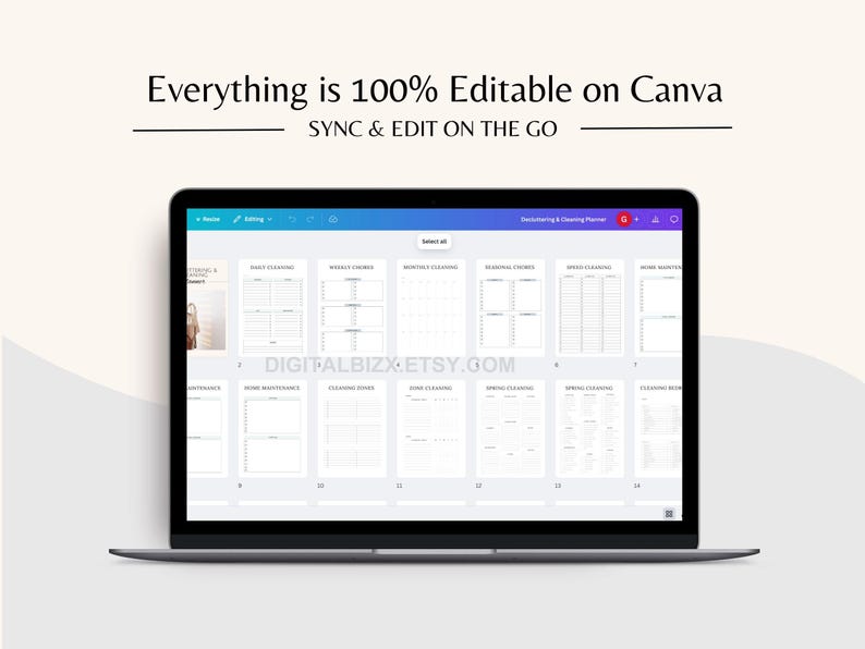 May include: A screenshot of a laptop screen showing a Canva design template for a cleaning planner. The template includes sections for daily, weekly, monthly, seasonal, and speed cleaning. The text "Everything is 100% Editable on Canva" is displayed at the top of the screen.