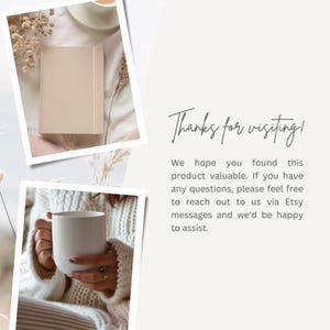 May include: A photo collage shows a beige book and a white mug. The text "Thanks for visiting!" is displayed, alongside a message inviting questions via Etsy messages.
