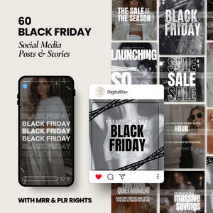 May include: A promotional graphic for Black Friday social media posts and stories. The image features a smartphone and an Instagram post showcasing the text "Black Friday" in bold, along with other promotional graphics. The text "60 Black Friday Social Media Posts & Stories" is also visible.