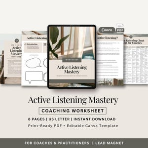 Pode incluir: Uma folha de trabalho digital intitulada "Active Listening Mastery" num tablet, com documentos de apoio. A folha de trabalho é projetada para treinadores e profissionais, oferecendo 8 páginas, tamanho carta dos EUA e download instantâneo.