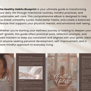 May include: The Healthy Habits Blueprint eBook cover with text and images. The text reads "The Healthy Habits Blueprint" and describes a guide for transforming daily life through routines and self-care. Images of a woman and book pages are also visible.