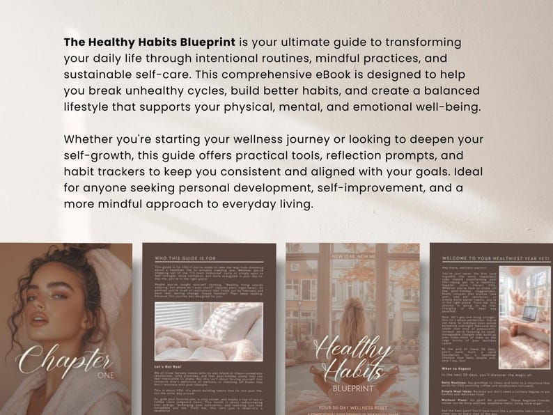 May include: The Healthy Habits Blueprint eBook cover with text and images. The text reads "The Healthy Habits Blueprint" and describes a guide for transforming daily life through routines and self-care. Images of a woman and book pages are also visible.