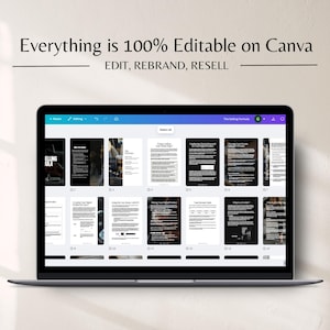 Może przedstawiać: Laptop wyświetlający szablon Canva z tekstem "Everything is 100% Editable on Canva, EDIT, REBRAND, RESELL." Ekran pokazuje r&oacute;żne układy dokument&oacute;w w czerni i bieli, sugerując zas&oacute;b projektowania cyfrowego.