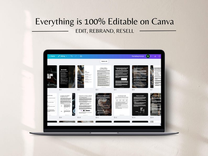 Może przedstawiać: Laptop wyświetlający szablon Canva z tekstem "Everything is 100% Editable on Canva, EDIT, REBRAND, RESELL." Ekran pokazuje r&oacute;żne układy dokument&oacute;w w czerni i bieli, sugerując zas&oacute;b projektowania cyfrowego.
