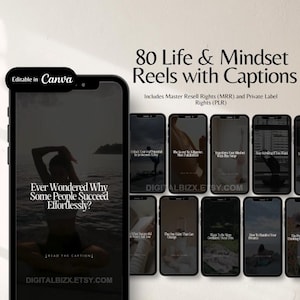 May include: A digital mockup of a phone screen displaying 80 life and mindset reels with captions. The reels are displayed in a grid format, with each reel featuring a different image and text. The text on the screen reads "80 Life & Mindset Reels with Captions", "Includes Master Resell Rights (MRR) and Private Label Rights (PLR)", and "DIGITALBIZX.ETSY.COM".