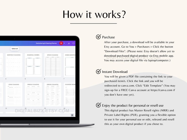 May include: A laptop screen displaying a digital cleaning planner template with a checklist of cleaning tasks. The text on the screen reads "Decluttering & Cleaning Planner" and "DIGITALBIZX.ETSY.COM". The image also includes instructions on how to purchase and download the template.