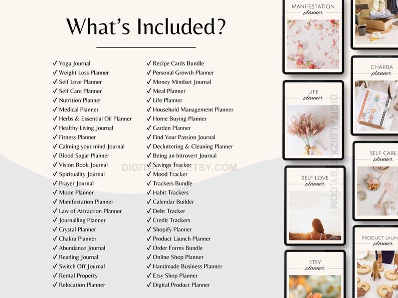 May include: A list of printable planner and journal templates for personal growth, organization, and self-care. The list includes titles like "Yoga Journal", "Weight Loss Planner", "Self Love Planner", "Self Care Planner", "Nutrition Planner", "Medical Planner", "Herbs & Essential Oil Planner", "Healthy Living Journal", "Fitness Planner", "Calming your mind Journal", "Blood Sugar Planner", "Vision Book Journal", "Spirituality Journal", "Prayer Journal", "Moon Planner", "Manifestation Planner", "Law of Attraction Planner", "Journaling Planner", "Crystal Planner", "Chakra Planner", "Abundance Journal", "Reading Journal", "Switch Off Journal", "Rental Property", "Relocation Planner", "Recipe Cards Bundle", "Personal Growth Planner", "Money Mindset Journal", "Meal Planner", "Life Planner", "Household Management Planner", "Home Buying Planner", "Garden Planner", "Find Your Passion Journal", "Decluttering & Cleaning Planner", "Being an Introvert Journal", "Savings Tracker", "Mood Tracker", "Trackers Bundle", "Habit Trackers", "Calendar Builder", "Debt Tracker", "Credit Trackers", "Shopify Planner", "Product Launch Planner", "Order Forms Bundle", "Online Shop Planner", "Handmade Business Planner", "Etsy Shop Planner", "Digital Product Planner". The image also shows several planner covers with floral designs.