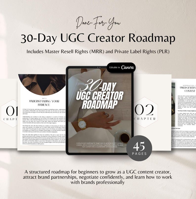 K&ouml;nnte beinhalten: Eine digitale Roadmap mit dem Titel "30-Day UGC Creator Roadmap" mit dem Text "Done-For-You". Enth&auml;lt Master Resell Rights und Private Label Rights. Das Bild zeigt ein Tablet mit dem Titel und mehreren Seiten.
