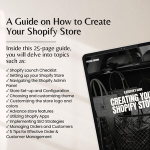 Puede incluir: Una gu&iacute;a sobre c&oacute;mo crear una tienda Shopify. La imagen muestra una tableta que muestra una gu&iacute;a titulada "Creando tu tienda Shopify". La gu&iacute;a cubre temas como la configuraci&oacute;n de la tienda y las estrategias de SEO.