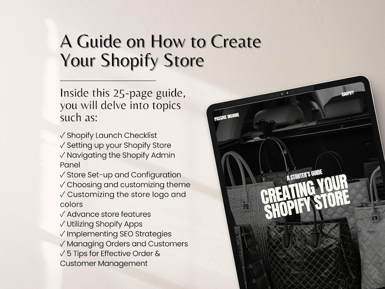 Puede incluir: Una gu&iacute;a sobre c&oacute;mo crear una tienda Shopify. La imagen muestra una tableta que muestra una gu&iacute;a titulada "Creando tu tienda Shopify". La gu&iacute;a cubre temas como la configuraci&oacute;n de la tienda y las estrategias de SEO.