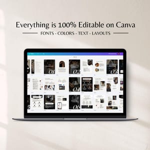 May include: A laptop displaying a presentation template with the text "Everything is 100% Editable on Canva." The presentation has dark and neutral tones, with sections labeled 01 through 06. The template includes editable fonts, colors, text, and layouts.