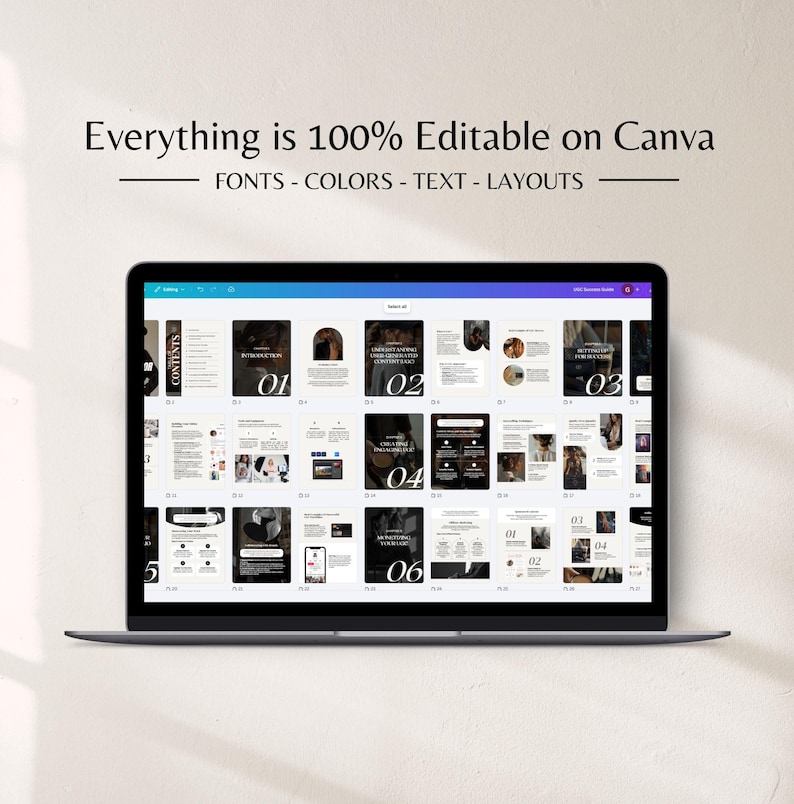 May include: A laptop displaying a presentation template with the text "Everything is 100% Editable on Canva." The presentation has dark and neutral tones, with sections labeled 01 through 06. The template includes editable fonts, colors, text, and layouts.