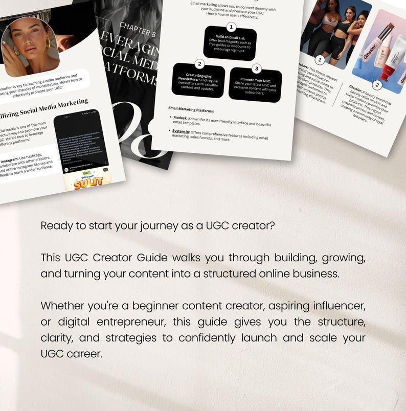 May include: A guide titled "UGC Creator Guide" with text and images about social media marketing and content creation. The guide includes information on leveraging social media platforms and building an online business.