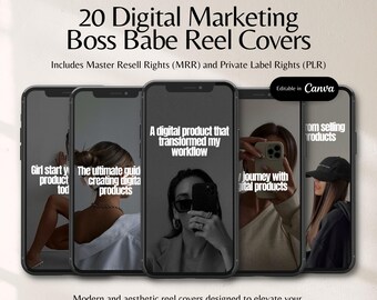 20 Digital Marketing Boss Babe Instagram Reel Covers Minimal Canva Reel Covers for Digital Products, Coaches and Content Creators MRR PLR