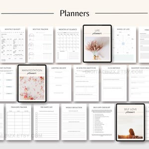May include: A set of printable planners with various themes, including manifestation, self-love, gratitude, and life planning. The planners are designed with a minimalist aesthetic and feature a white background with black text.