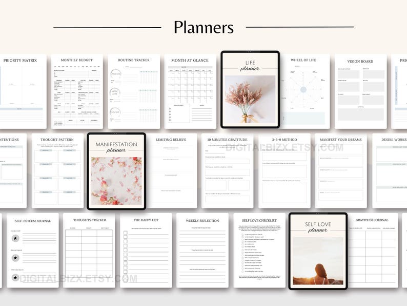 May include: A set of printable planners with various themes, including manifestation, self-love, gratitude, and life planning. The planners are designed with a minimalist aesthetic and feature a white background with black text.