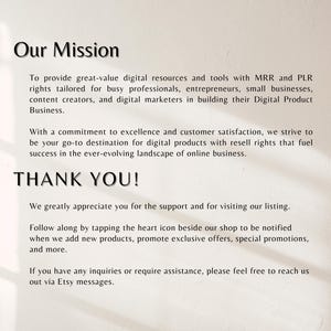 May include: Text on a beige background reads "Our Mission" and "THANK YOU!" The text describes providing digital resources and tools for entrepreneurs and digital marketers. It also thanks customers for their support and encourages them to follow the shop.