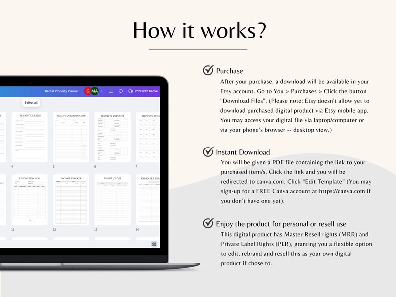 May include: A laptop screen displaying a digital product listing for a rental property planner. The listing includes a description of how to purchase and download the product, as well as information about the product's resell rights. The text on the screen reads "How it works?", "Purchase", "Instant Download", and "Enjoy the product for personal or resell use".