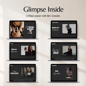 May include: A collage of six screenshots from an online course titled "Glimpse Inside" with the tagline "3-Hour course with 90+ Lessons". The course covers topics such as hashtags, keywords, SEO, maximizing visibility, keywords in stories and comments, banned hashtags, and the Reels algorithm.