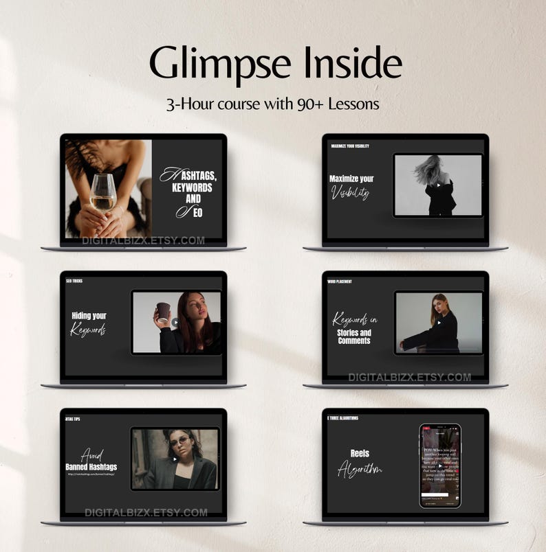 May include: A collage of six screenshots from an online course titled "Glimpse Inside" with the tagline "3-Hour course with 90+ Lessons". The course covers topics such as hashtags, keywords, SEO, maximizing visibility, keywords in stories and comments, banned hashtags, and the Reels algorithm.