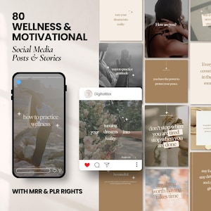 May include: A digital product showcasing 80 wellness and motivational social media posts and stories. The design features a neutral color palette with inspirational quotes and images, including the text "turning your dreams into reality."
