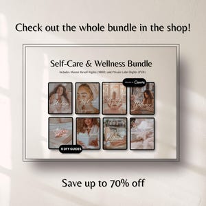 May include: A framed graphic featuring a "Self-Care & Wellness Bundle" with eight guides. The image includes the text "Check out the whole bundle in the shop!" and "Save up to 70% off."
