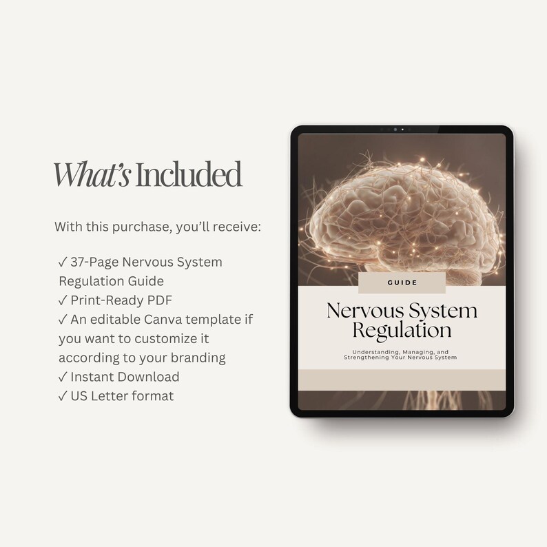 May include: A digital tablet shows a guide titled "Nervous System Regulation." The image features a detailed illustration of a brain. Text on the left lists included items: a 37-page guide, a PDF, a Canva template, and instant download.