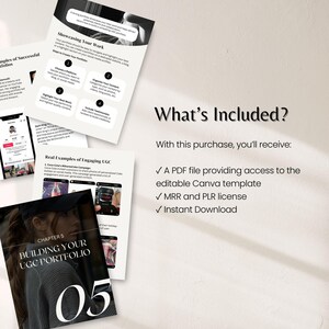 May include: A collection of documents with text and graphics, including the title "Building Your UGC Portfolio" and the text "What's Included?" The documents are accompanied by a list of included items, such as a PDF file and a Canva template.
