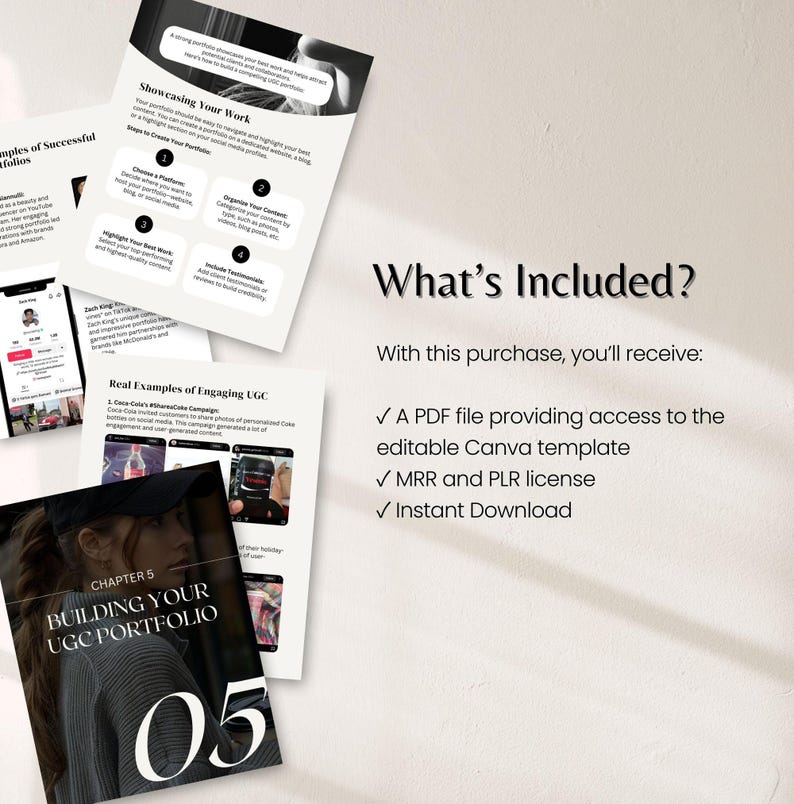 May include: A collection of documents with text and graphics, including the title "Building Your UGC Portfolio" and the text "What's Included?" The documents are accompanied by a list of included items, such as a PDF file and a Canva template.