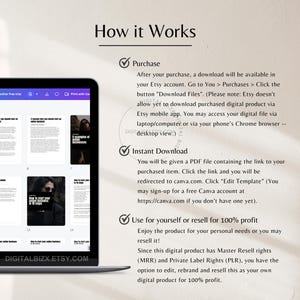 May include: A digital product listing for a how-to guide on starting a business. The listing includes information about the product, such as the fact that it is a PDF file containing a link to a Canva template. The listing also includes information about the product's resell rights, which allow buyers to resell the product for a profit.