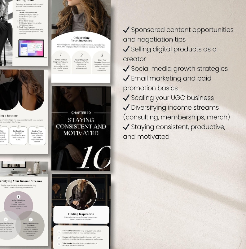 May include: A digital marketing guide with the title "Staying Consistent and Motivated" and the number "10". The guide covers topics like social media growth, email marketing, and diversifying income streams. The image also includes the text "Sponsored content opportunities and negotiation tips".