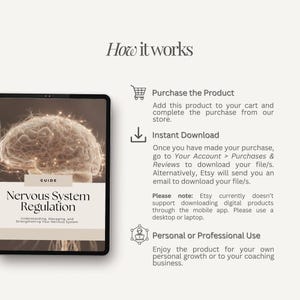 May include: A digital guide titled "Nervous System Regulation" displayed on a tablet, with a brain illustration. The image includes text explaining the purchase, download, and usage instructions. The guide is for personal or professional use.