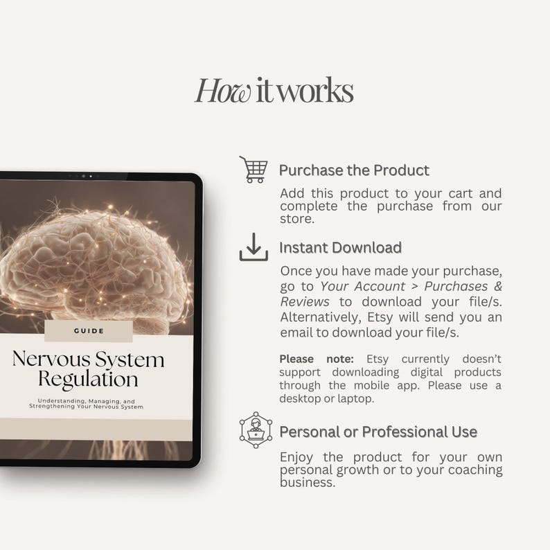 May include: A digital guide titled "Nervous System Regulation" displayed on a tablet, with a brain illustration. The image includes text explaining the purchase, download, and usage instructions. The guide is for personal or professional use.
