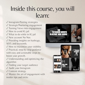 May include: A digital marketing course for Instagram growth, featuring a black and white image of a woman holding a glass of wine. The course title is "The Instagram Growth Blueprint Mini Course" and the website address is "digitalbizx.etsy.com".