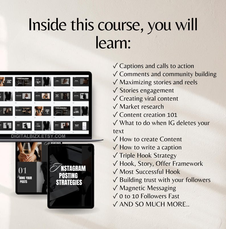 May include: A digital course on Instagram posting strategies. The course includes lessons on captions, comments, stories, reels, viral content, market research, content creation, and more. The course is presented in a black and white design with a checkmark icon next to each lesson title.