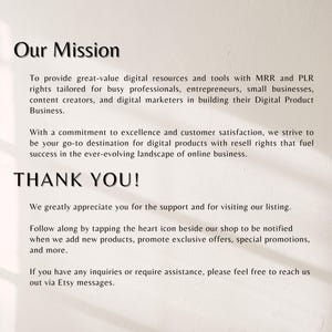 Puede incluir: Texto sobre fondo crema: "Nuestra Misi&oacute;n" y "&iexcl;GRACIAS!". Describe recursos y herramientas digitales para emprendedores y especialistas en marketing digital. Agradece el apoyo y anima a seguir la tienda.