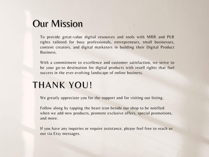 Puede incluir: Texto sobre fondo crema: "Nuestra Misi&oacute;n" y "&iexcl;GRACIAS!". Describe recursos y herramientas digitales para emprendedores y especialistas en marketing digital. Agradece el apoyo y anima a seguir la tienda.