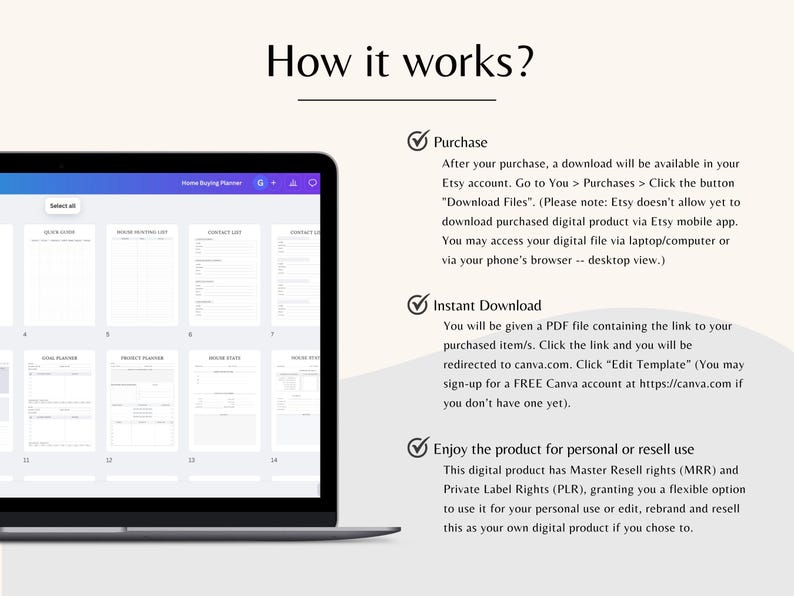 May include: A laptop screen displaying a digital product listing for a home buying planner. The listing includes a description of how to purchase and download the product, as well as information about the product's resell rights.