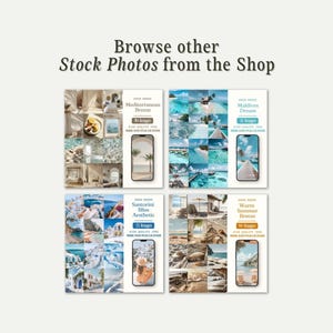 Puede incluir: Una colecci&oacute;n de fotos de stock con temas de viajes, que incluyen Mediterranean Breeze, Maldives Dream, Santorini Bliss Aesthetic y Warm Summer Breeze. Cada conjunto de im&aacute;genes se muestra en la pantalla de un tel&eacute;fono, con el n&uacute;mero de im&aacute;genes y un aviso de licencia.
