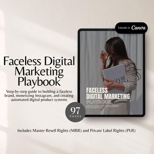May include: A digital marketing playbook with the title "Faceless Digital Marketing Playbook" and the text "Step-by-step guide to building a faceless brand, monetizing Instagram, and creating automated digital product systems." The book has 97 pages.