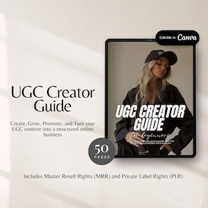 May include: A digital guide titled "UGC Creator Guide" with the text "Create, Grow, Promote, and Turn your UGC content into a structured online business." The guide is 50 pages and includes Master Resell Rights and Private Label Rights.