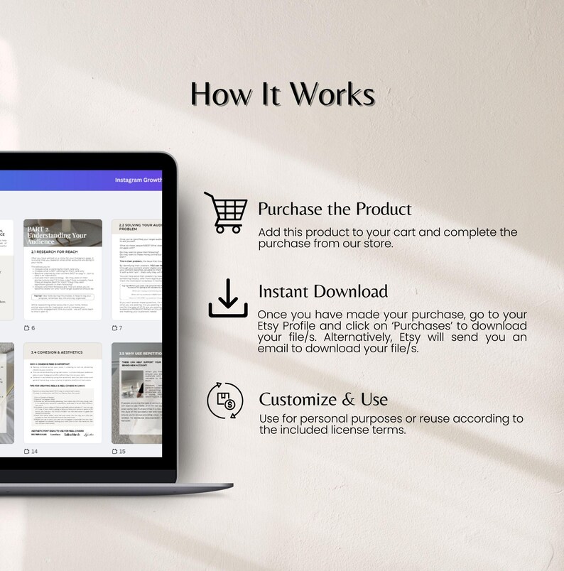 May include: A laptop screen displays a digital document with the text "Instagram Growth." The image includes the text "How It Works," with steps for purchasing, downloading, and customizing the product. The background is a light beige color.
