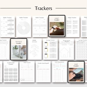 May include: A set of printable trackers for habit tracking, savings, debt repayment, and more. The trackers are designed in a minimalist style with black text on a white background.