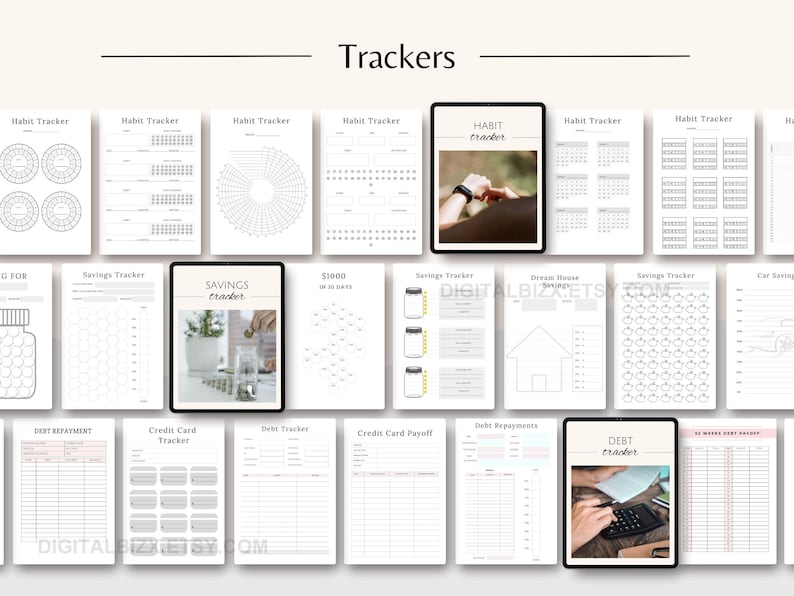 May include: A set of printable trackers for habit tracking, savings, debt repayment, and more. The trackers are designed in a minimalist style with black text on a white background.