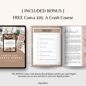 May include: A digital product mockup showing a free Canva 101 crash course e-book. The cover features a collage of images and the text "Canva 101: A Crash Course". The inside pages show the table of contents and a welcome message.