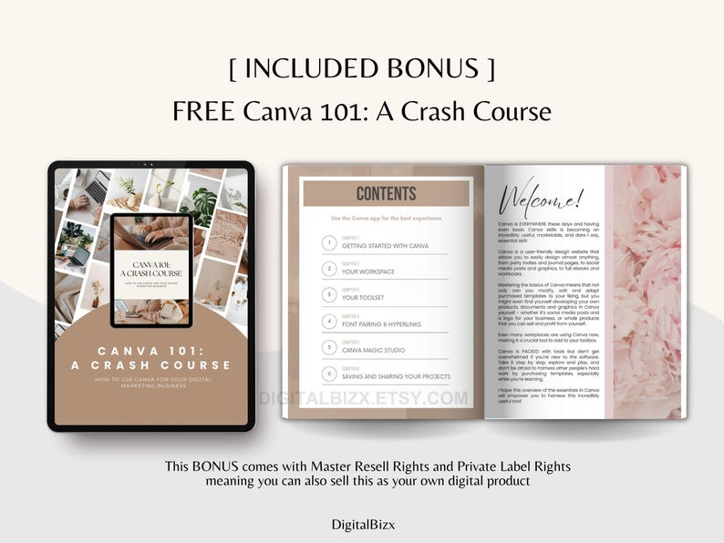 May include: A digital product mockup showing a free Canva 101 crash course e-book. The cover features a collage of images and the text "Canva 101: A Crash Course". The inside pages show the table of contents and a welcome message.