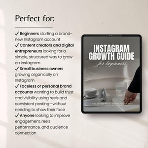 May include: A digital tablet displays the cover of an "Instagram Growth Guide for Beginners." The guide promises to help users grow their Instagram accounts. The tablet is on a light background with text that says "Perfect for:" and a list of target audiences.