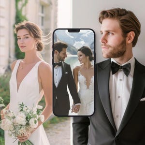 Puede incluir: Una mujer con un vestido de novia blanco sostiene un ramo de flores blancas. Un hombre con un esmoquin negro con pajarita est&aacute; a la derecha. Un smartphone muestra a una pareja con ropa de boda tomados de la mano.