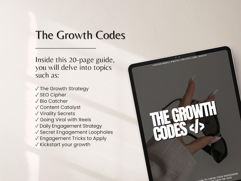 Może przedstawiać: Cyfrowy przewodnik zatytułowany "The Growth Codes" wyświetlany na tablecie. Okładka zawiera tytuł pogrubioną białą czcionką ze znakiem nawiasu. Przewodnik obiecuje zagłębić się w tematy takie jak SEO, strategia treści i taktyki zaangażowania. Ręka trzyma okulary przeciwsłoneczne nad tabletem.